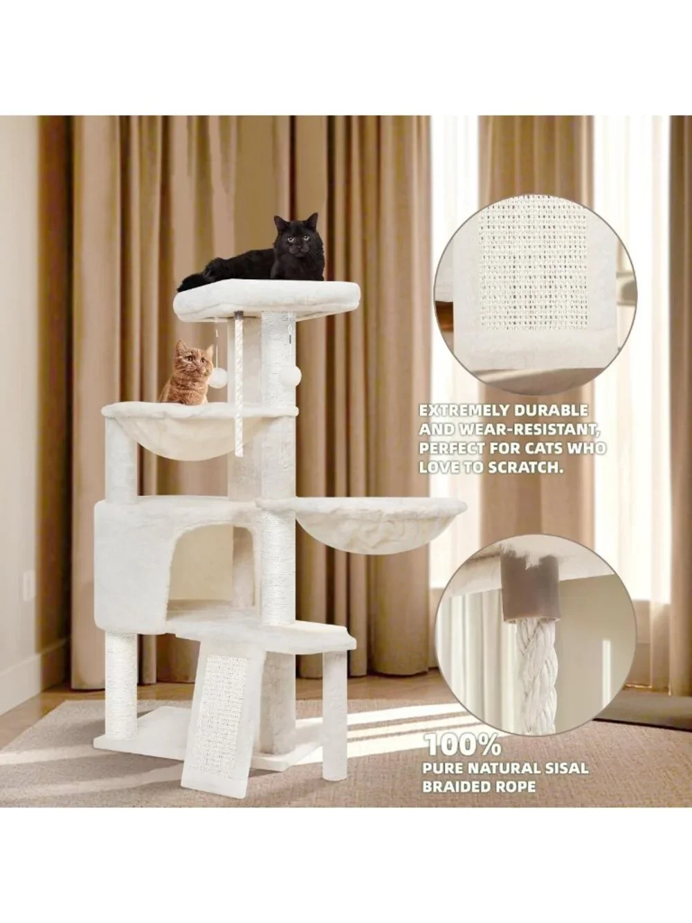 Cozy Three-Layer Cat Tree with Condo, Scratch Pad & Two Hammocks - Beige